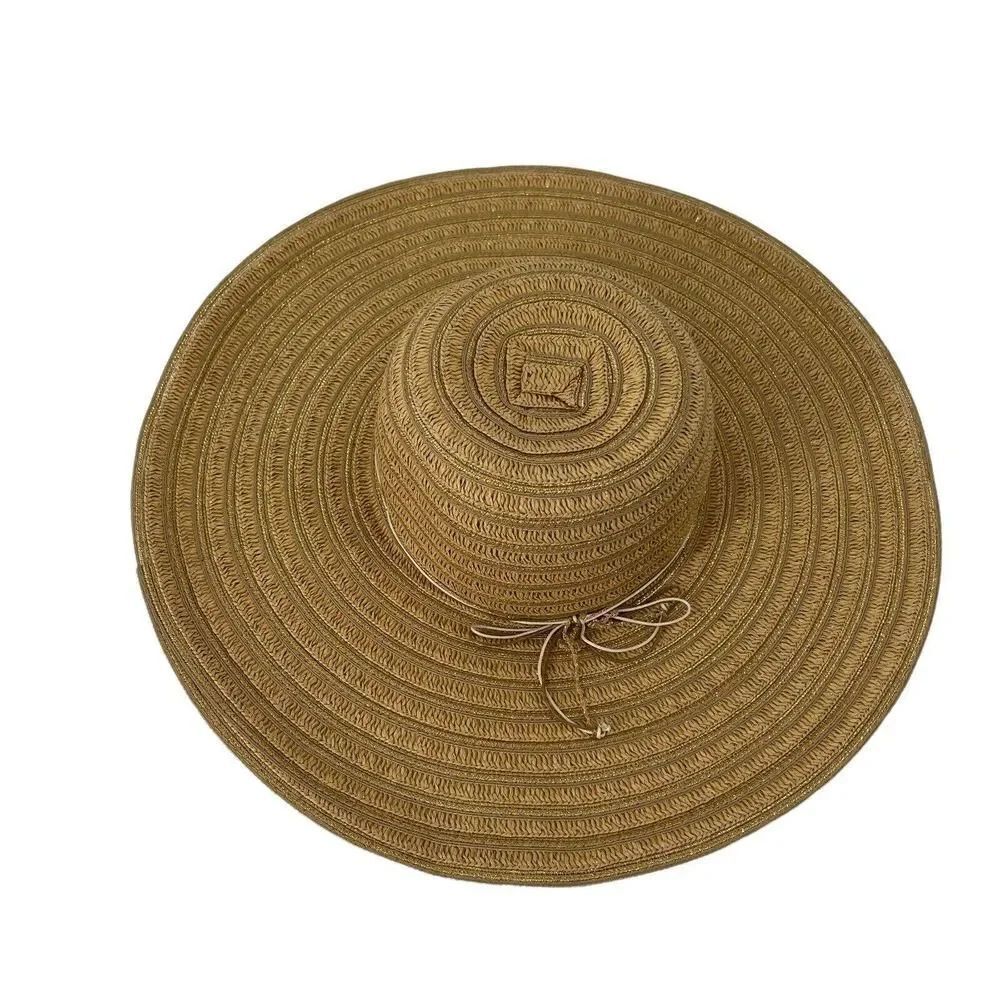 Wide Brim Floppy Beach Hat Brown Gold Metallic Sun Hat Boho Womens OS 5 in Brim